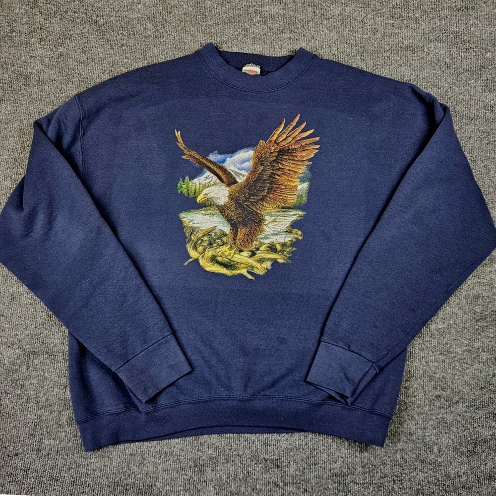 Vintage Fruit of the Loom Best Bald Eagle Graphic Sweatshirt Men's 2XL Navy Blue